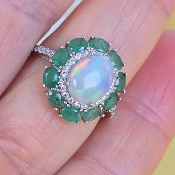 925 Sterling Silver Ring with Natural White Opal 8x10mm & Emerald Gemstones - Picture 8 of 13